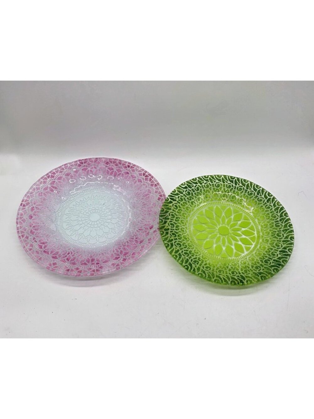Sydenstricker Pink & Green Fused Art Glass Doily Design Dishes Signed Cape Cod